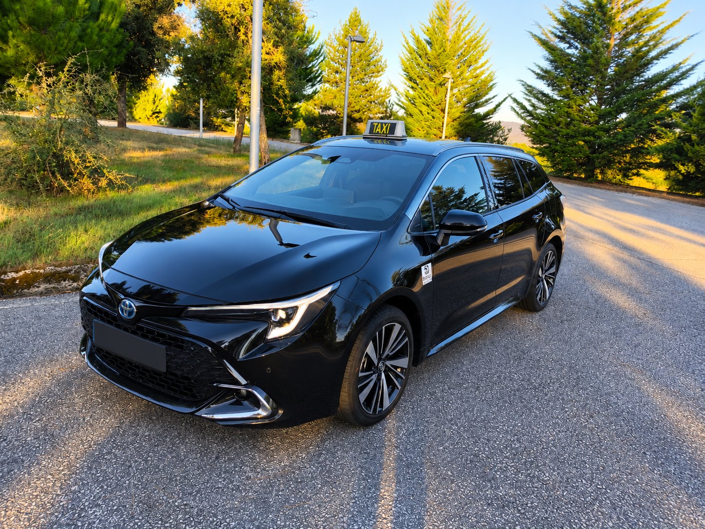 Toyota Corolla Touring Sports preto com teto verde, táxi de Chaves